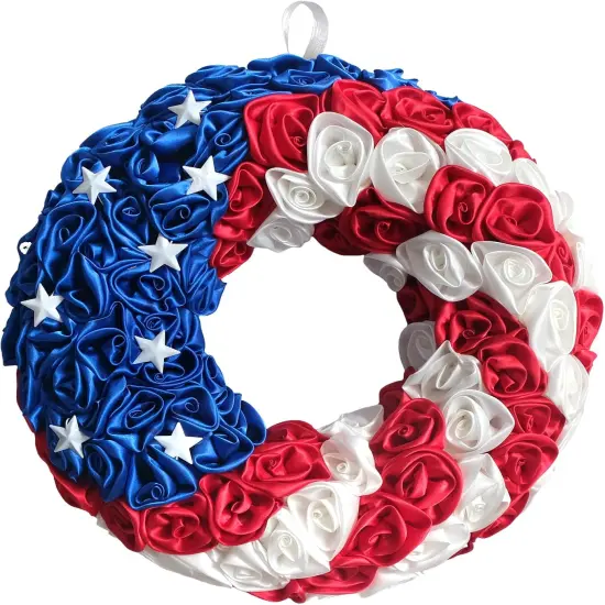14 Inch Patriotic Roses Handcrafted Wreath, Artificial 4th of July Soft Touch Silk Roses and Metal Stars Wreath for Wall Decor {1}