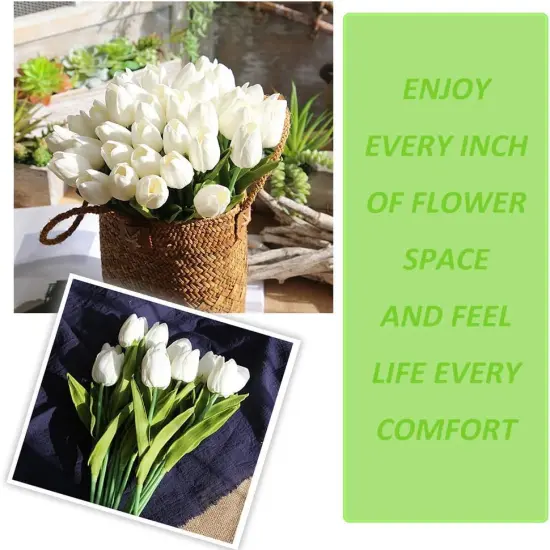 30pcs Real Touch Tulips PU Artificial Flowers, Fake Tulips Flowers for Arrangement Wedding Party Easter Spring Home Dining Room Office Decoration. (White, 14" Tall) {3}