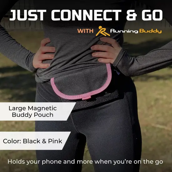 Running Buddy Magnetic Buddy Pouch, Beltess, Chafe and Bounce Free, Runners Fanny Pack, Phone Holder, Great for Running, Walking, Traveling & More, For Men & Women - 5-7/8" L x 4" W - Black and Pink {2}