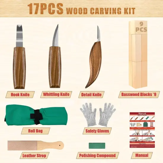 Wood Carving Kit, Whittling Kit for Beginners 17PCS Wood Carving Tools with 3PCS Whittling Knife 9PCS Basswood Blocks & Gloves & Strop Block & Polishing Compound Wood Carving Set Hobbies for Adults {2}