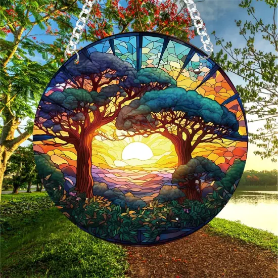 Summer Forest Trees Sunset Stained Acrylic Window Hanging Panels Indoor Outdoor Round Windows Hanger Kitchen Bedroom Garden Wall Art Decor Gifts {2}