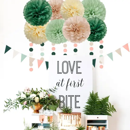 Olive-Sage Green Champagne-Gold Party Decorations - 23pcs Rustic Wedding Tissue Pom Poms Streamers, Boho Bachelorette Neutral Baby Shower Birthday Bridal Decor Ouruola {4}