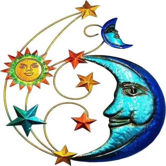 Summer Metal Sun Outdoor Wall Art Decor, Large Size 17'' Sun Face Metal Wall Sculpture with Moon & Stars for Home Wall Decoration Living Room, Bedroom, Outside Decor for Yard, Patio, Garden Fence Deck Pool {1}