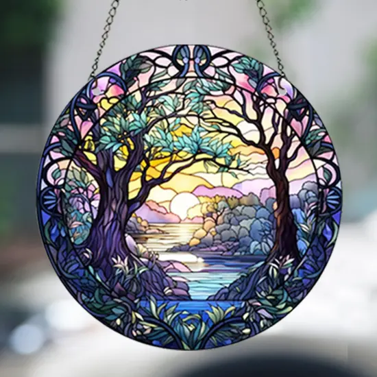 Summer Tree Life Acrylic Window Hanging Nature Round Sun Catcher Round Sun Catcher Home Decor Forest Stained Sun Catcher Window Decor Wall Art for Home Office Decoration (Style B) {1}