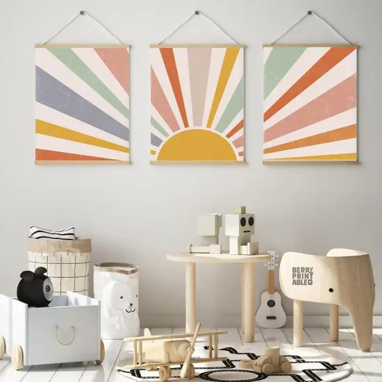 3pcs Summer Boho Canvas Wall Art Rainbow Sun Rising on the Horizon Geometric Nature Illustration Line Pictures Wall Decor Posters Prints for Toddler Kids Room Home Decoration Unframed {3}
