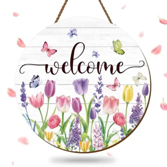 Summer Flower Welcome Door Sign Tulip Wooden Hanging Sign Floral Butterfly Door Hanger Sign for Spring Summer Holiday Indoor Outdoor Farmhouse Home Porch Window Decor {1}