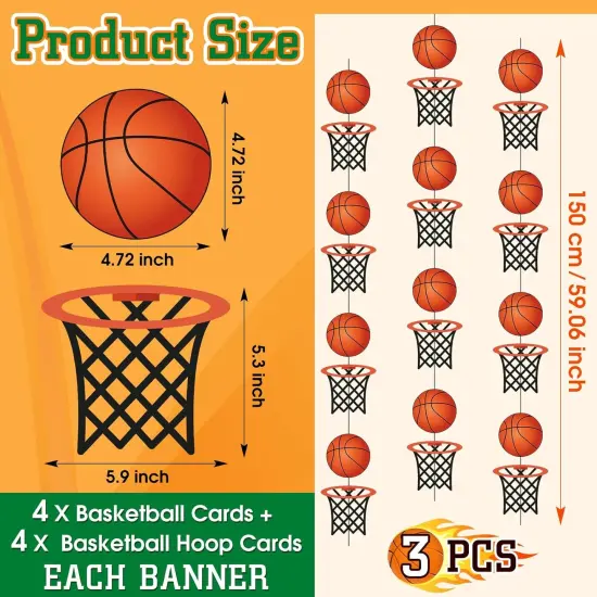 3Pcs 4.92 ft Basketball and Basketball Hoop Banner Party Decorations Basketball Sports Theme Hanging Garland Decor Paper Basketball Garland for Birthday Home Classroom Party Decor Favors {2}