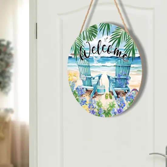 Sea Chair Front Door Sign Flower Wall Hanging Round Door Hanger Farmhouse Coastal Beach Wooden Wreath for Front Door Hello Summer Outdoor Porch Decor 12"X12" {4}