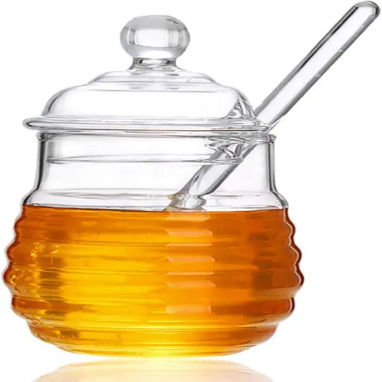 9oz Glass Honey Pot with No Drip Dipper & Leak-Proof Lid - Clear Honey Dispenser Jar Container for Home Kitchen Coffee Bar Decor Mini Honey Jars with Stand, Reusable Glass Honey Dipper {1}