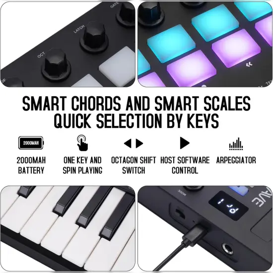 M-WAVE &ndash; MIDI Keyboard Controller &ndash; USB Bluetooth &ndash; 25 Key, 16 Pads, Knobs, DAW Compatible {5}
