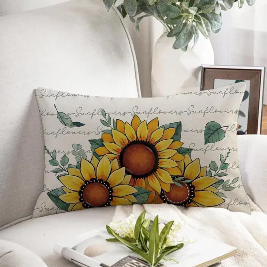 Spring Summer Sunflower Lumbar Decorative Throw Pillow Cover 12 x 20, Rectangular Floral Flower Eucalyptus Leaves Outdoor Home Decor, Fall Autumn Seasonal Couch Cushion Case {5}
