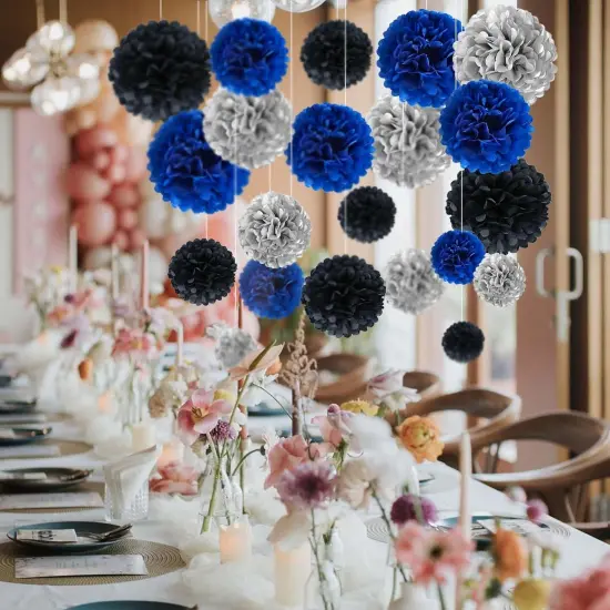 Navy Blue,Silver,Black Tissue Paper Pom Poms Flower Set-27PCS Ideal for Birthday,Bridal Showers,Wedding,Baby Shower Party Decorations (12",10",8",6) {2}