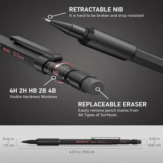 Mechanical Pencil Set with Case, 3PCS MP2000 Metal Artist Mechanical Pencil With 6 Tube HB Lead Refills, Eraser, Weatherproof Barrel for Outdoor Writing Drafting Drawing Sketching {5}