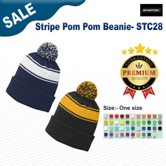 Sport-Tek&reg; Stripe Pom Pom Beanie Black/Iron Gry {2}
