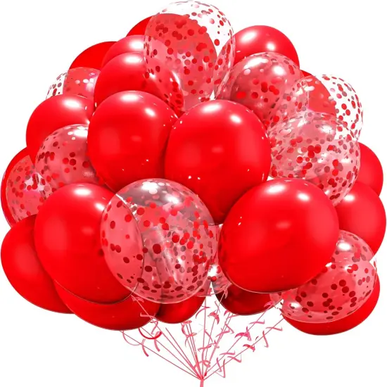 Red Balloons and Red Confetti Balloon 12 inches 60 Pack Premium Latex red Balloons with Red Ribbon {1}