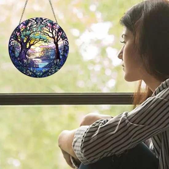 Summer Tree Life Acrylic Window Hanging Nature Round Sun Catcher Round Sun Catcher Home Decor Forest Stained Sun Catcher Window Decor Wall Art for Home Office Decoration (Style B) {3}