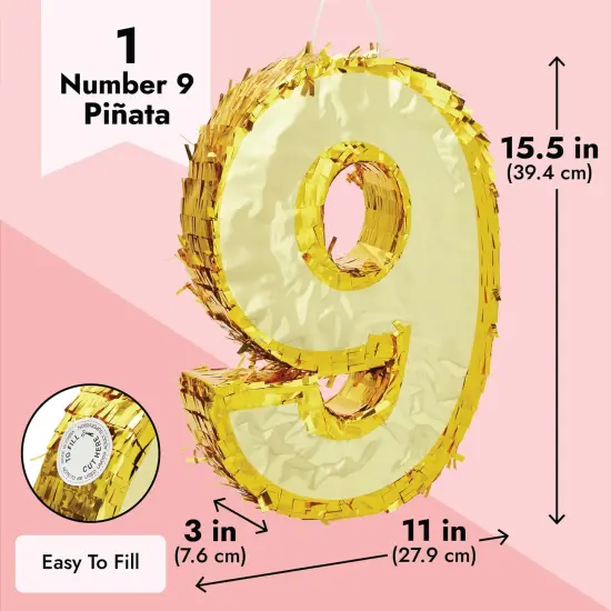 Juvale Gold Foil Number 9 Pinata for Kids Ages 3-14 Birthday Party Decorations, Centerpieces, Anniversary Celebrations, Small (15.5 x 11 x 3 In) {4}