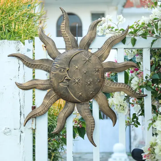 Summer Sun Metal Wall Outdoor Decor Moon Wall Decoration Metal Wall Sculpture Hanging Garden Wall Sculpture for Indoor Outdoor Patio Fence Decor Gold {2}