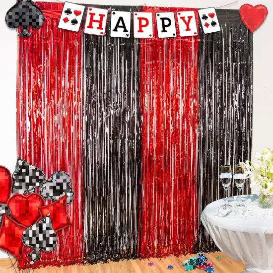 Casino Theme Party Decorations, 3 Pack Red and Black Birthday Party Supplies 3.3 x 6.6ft Tinsel Foil Fringe Curtains Photo Booth Props Backdrop Streamers, House Room Decor for Las Vegas Party {1}