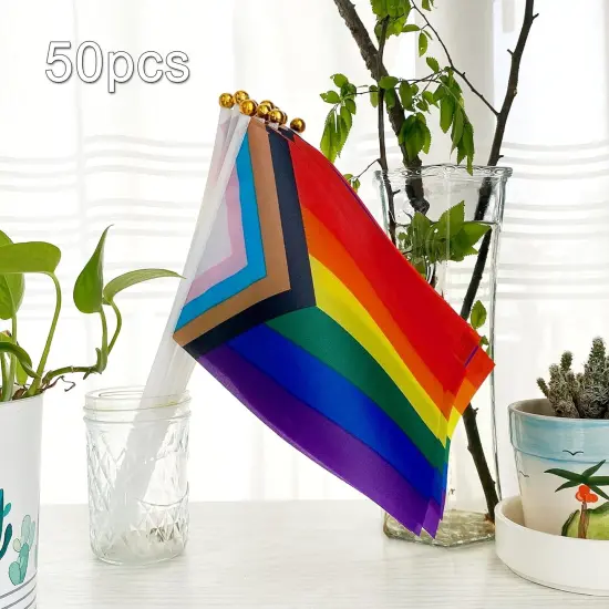 50 Pack Progress Pride Rainbow Stick Flag Small Mini Hand Held USA American LGBTQ Rainbow Gay Flags for Parades,Mardi Gras,Rainbow Party,8.2 x 5.5 inch {5}