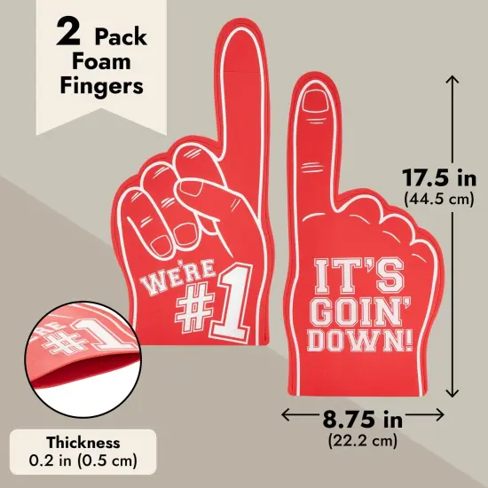 2 Pack Red Foam Fingers #1, It's Goin' Down for Sports Fan Accessories, Cheering, Party Favors, 17.5 Inch Giant Foam Hand {5}
