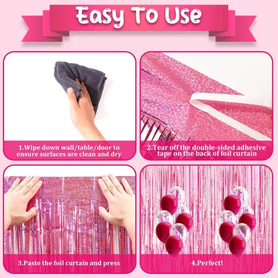 2 Pack Laser Pink Tinsel Foil Fringe Curtains, Valentines Day Pink Decorations, Metallic Tinsel Party Streamers Backdrop for Birthday Bachelorette Graduation Wedding Party Decorations {4}