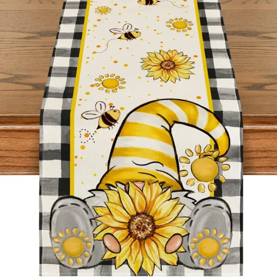 Buffalo Plaid Sunflower Gnomes Bee Summer Table Runner, Seasonal Kitchen Dining Table Decoration for Home Party Decor 13x72 Inch {1}