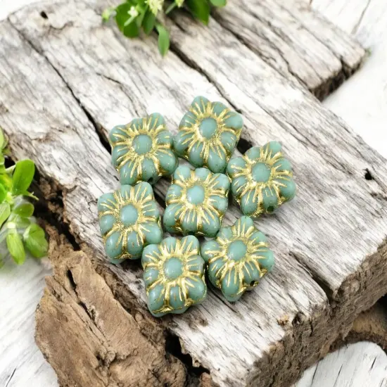 *13* 11mm Gold Washed Opaque Turquoise Square Zinnia Flower Beads {2}