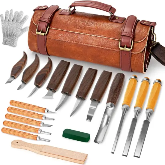 Wood Carving Kit, 20Pcs Wood Carving Tools with PU Leather Storage Bag, Wood Whittling Kit with 3Pcs Chisels & 8Pcs Whittling Knives & 5 Detail Carving Knives for Beginners and Enthusiasts {1}