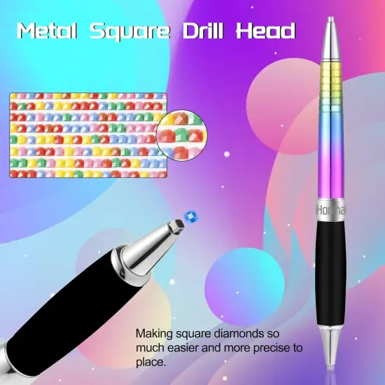 Square Diamond Art Pen - Metal Drill Pens with Square & Round Drill Heads Plus Multiplacer Tips, Comfort Grip 5D Rainbow Tools {2}