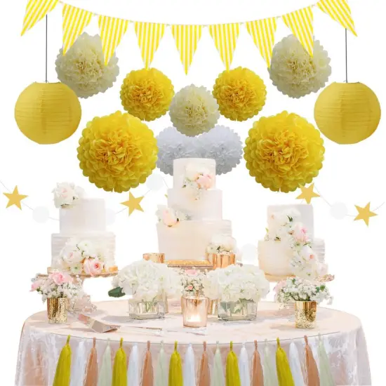 33pcs Party Decoration Supplies Set, Yellow Tissue Paper Pom Poms Flowers Paper Lanterns Tassels Hanging Garland Banner Triangle Flag Bunting for Birthday, Bridal, Baby Shower, Wedding Graduation {2}