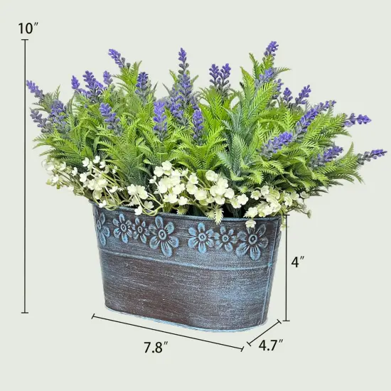 Summer Potted Plants, Artificial Flowers Lavender Arrangement in Rustic Rectangular Metal Planter, Pre-Potted Fake Lavender Table Centerpiece for Gifts Farmhouse {4}