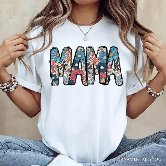 Daisy Floral Mama T-Shirt, Colorful Retro White Tee for Stylish and Cheerful Women {5}
