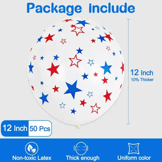 12 Inch Printed Star White Balloons, 50 Pcs Printed Blue Red Star Latex Balloon for 4th of July Decorations Happy Birthday Festival Anniversary Independence Day Decoration Baby Shower Party Supplies {2}