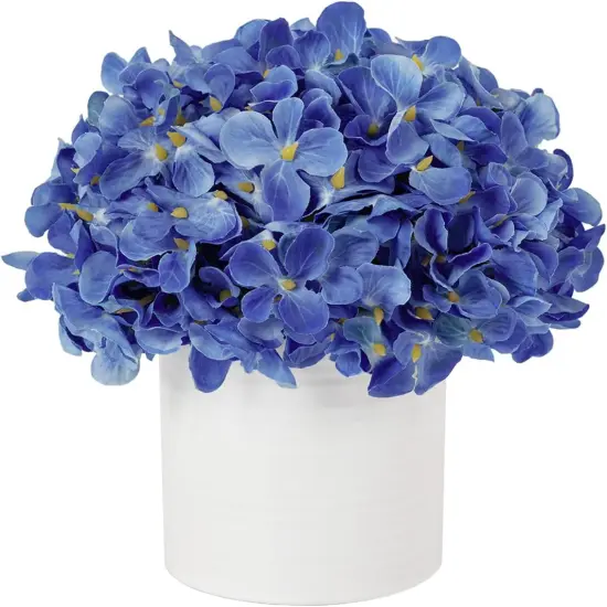 Artificial Hydrangea Fake Flowers in Vase, Fake Silk Flowers in Ceramic Vase, Artificial Plants in Pot for Fall Home Office Lavotory Table Shelf Decor (Blue) {1}