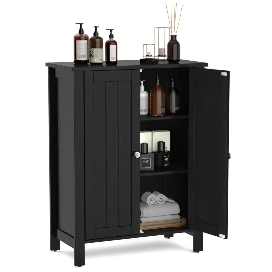 MDF Floor Cabinet with Adjustable Shelves and Double Doors Black {5}
