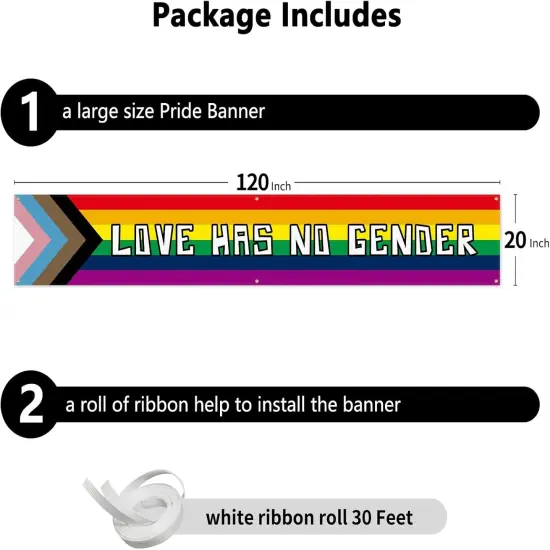 Pride Banner 120"x20" Progress Rainbow Yard Sign LGBTQ Backdrop Holiday Gay Party Supplies Hanging Decor Love Has No Gender Lesbian Bisexual for Outdoor Indoor Garden Fence Parade Home Event {5}