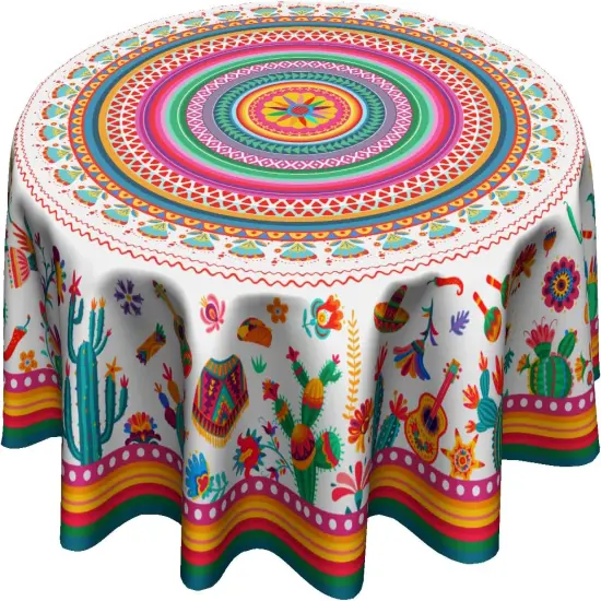 Colorful Mexico Round Table Cloth - Mexican Floral Tablecloth Cactus Stripes Lines Native Art Table Cover for Kitchen Party Picnic Dining Decor 60 Inch {1}
