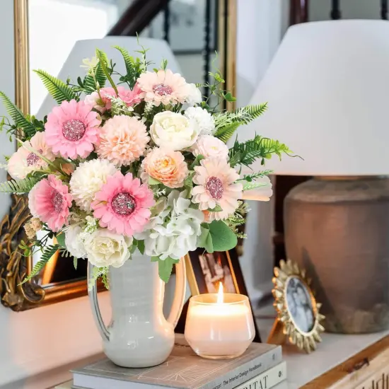 Summer Tabletop Floral Arrangements Artificial Flowers Fake Flowers Bouquet with Mums African Daisies Silk Flower {3}