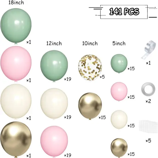 Sage Green Pink Gold Balloon Arch Kit, 141Pcs Sage Green Pastel Pink Chrome Gold Sand White Latex Balloons for Birthday Wedding Baby Shower Gender Reveal Anniversary {2}