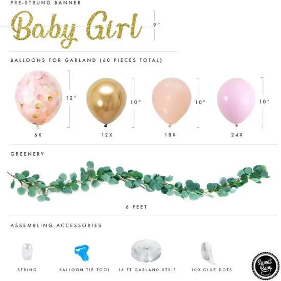 Shower Decorations for Girl with Pink Balloon Arch Garland Kit, Baby Girl Banner Decor, Eucalyptus Boho Greenery Vine, Light Pink, Peach Blush, Gold, Confetti Balloons {3}