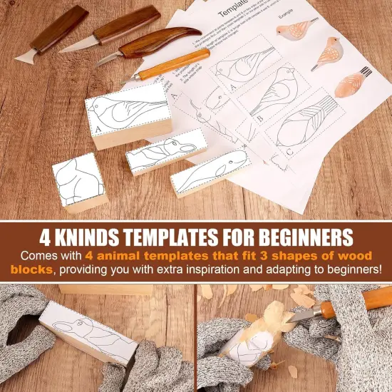 Wood Carving Kit, 44Pcs Wood Carving Tools with 4 Style Templates & 12 Color Paint Set & Bee Wax, Wood Whittling Knives Set 4pcs Whittling Knives & 5pcs Detail Knives for Beginners and Hobbyists {4}