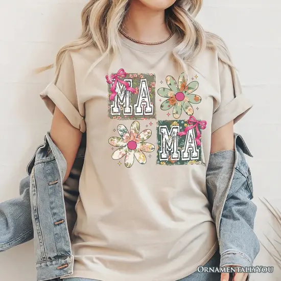 Floral Mama Coquette T-Shirt, White and Natural Boho Tee for Sweet and Stylish Moms {2}
