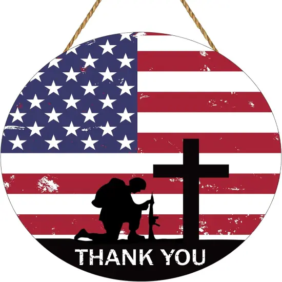 Memorial Day Decorations American Soldier Thank You Hanging Sign Memorial Day Wreath Patriotic Wreath Wooden Wall Decor {1}