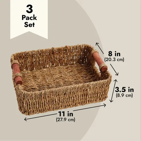 Set of 3 Small Wicker Baskets for Storage, Woven Nesting Bins with Handles for Bathroom Towels and Toilet Paper Organization, Closet, Shelf, Kitchen (3 Assorted Sizes) Brown {4}
