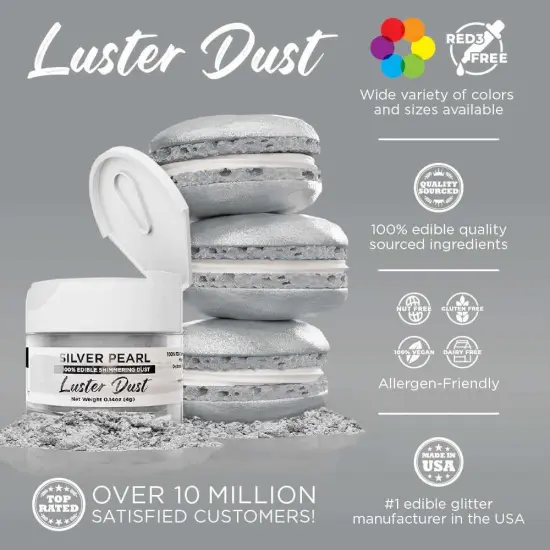 Bakell - Silver Pearl Luster Dust (4g, 1x Jar) Edible Vegan Dust & Paint for Baking, Desserts and Beverages {2}