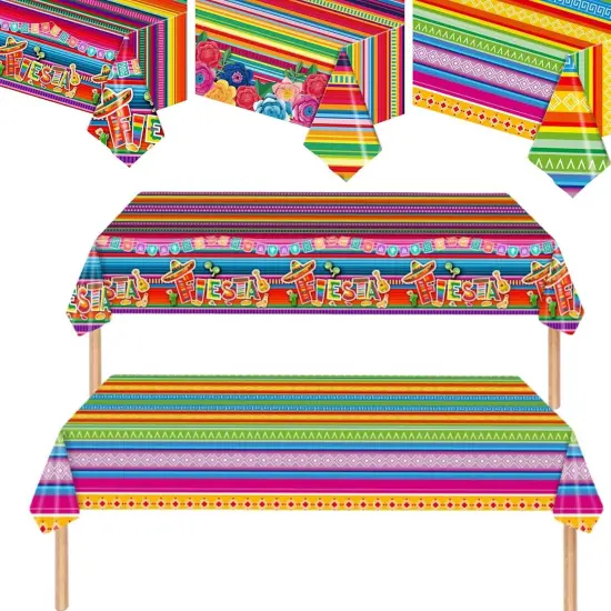 3 Pieces Different Mexican Fiesta Tablecloth Disposable Plastic Table Covers for Cinco de Mayo Mexico Theme Party Supplies Floral Stripes Rectangle Table Covers（108 x 54 Inches） {1}