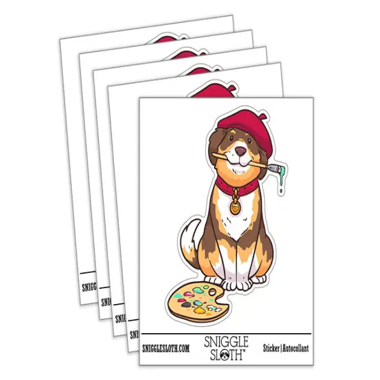 Water Bottle Sticker Set Painter Dog Artist Paintbrush Palette Cute Waterproof Vinyl Stickers Pack Decal, Skateboard, Laptop, Car, Window, Bumper - 5 Pack {2}