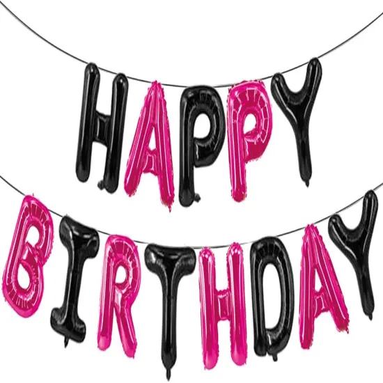 Happy Birthday Balloons Banner Black & Hot Pink 16 Inch {5}