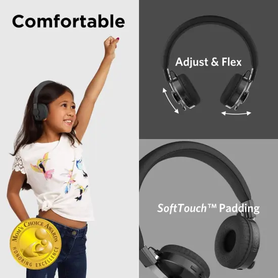 LilGadgets Untangled Pro On-Ear Wireless Kids Headphones for School, Microphone, Volume Limited, SharePort Technology, SoftTouch Padding, Black, Ages 3-14 {2}